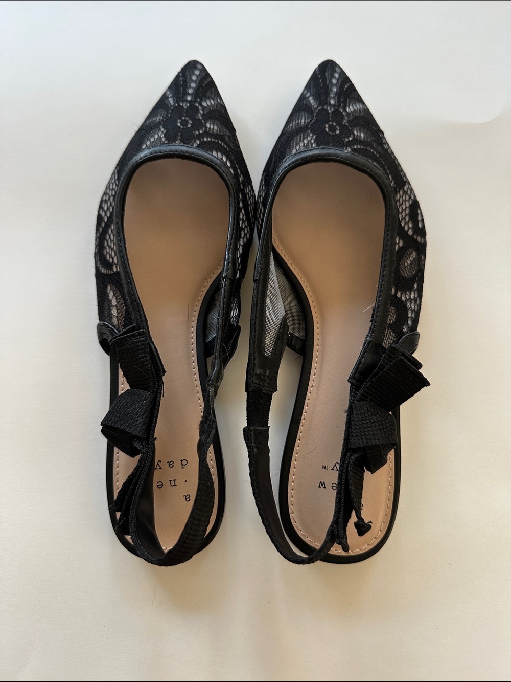 a new day Black Lace Pointed Slingback Flats with Bow Accent